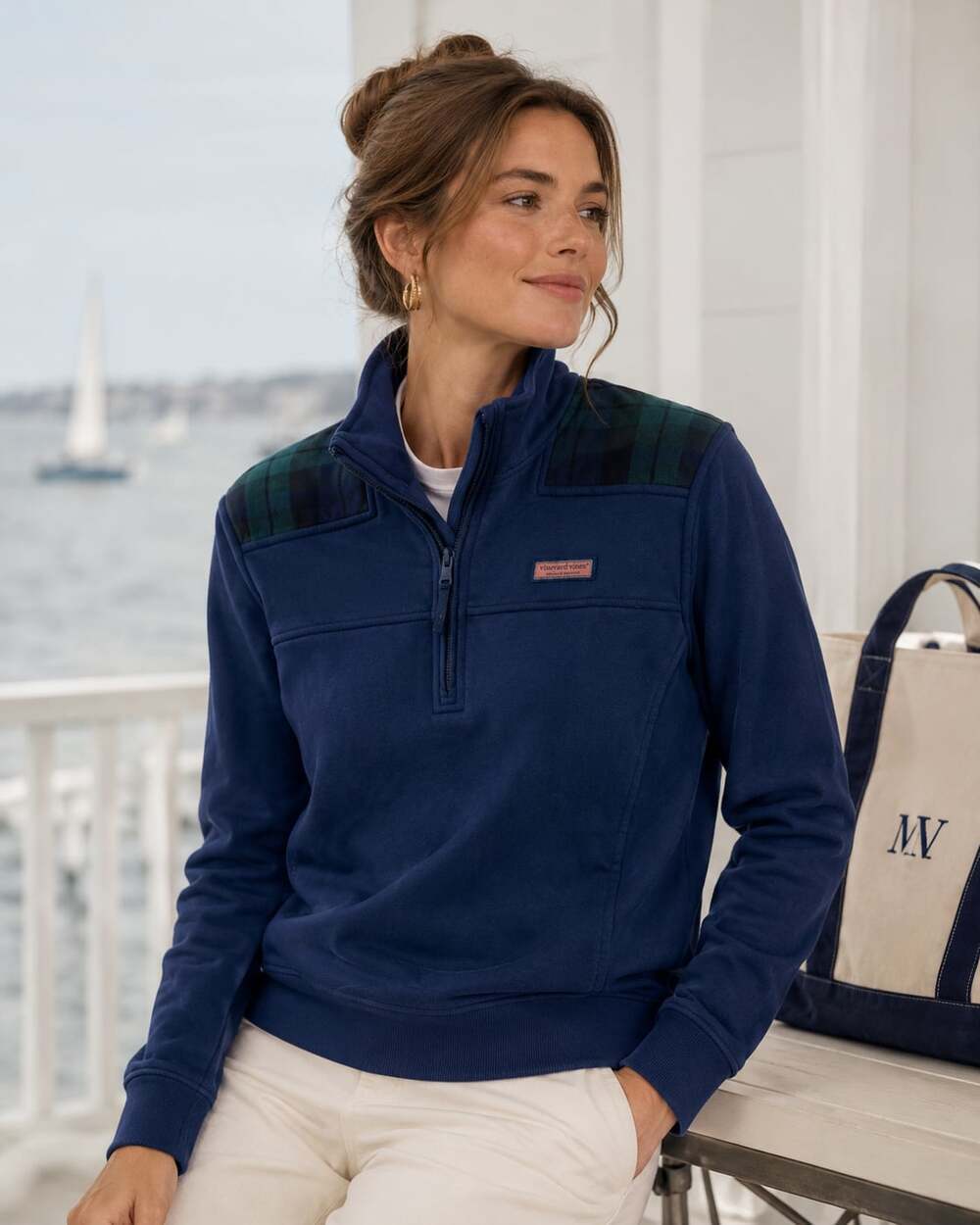 Vineyard Vines Navy Blue Quarter-Zip Shep Shirt with Plaid Shoulder Detail XS